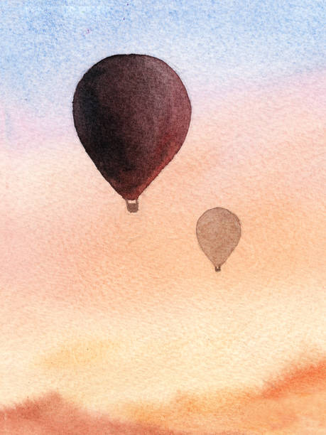 Hand drawn Watercolor landscape background. Illustration with silhouette hot air balloon in sunset sky. Hand drawn Watercolor landscape background. Illustration with silhouette hot air balloon in sunset sky. Design for invitation, greeting card, poster, banner, cloth, wedding. empty space for text cappadocia balloon stock illustrations