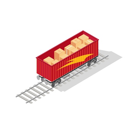 Red open top container of train with cardboard boxes or wooden crates is on rail-track. Freight preparing to transportation to point of destination. Vector isometric illustration isolated on white.