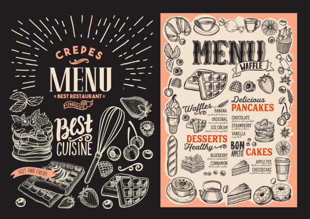 Waffle and pancake menu for restaurant with frame of hand-drawn fruits and sweets. Waffle and pancake menu template for restaurant on background vector illustration brochure for food and drink cafe. Design layout with vintage lettering and doodle hand-drawn graphic icons. bread backgrounds stock illustrations