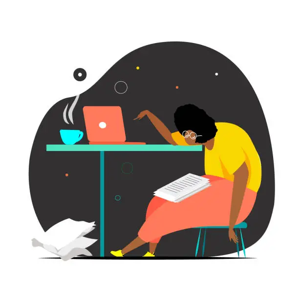 Vector illustration of Tired student fall asleep in learning process laid his head on the table