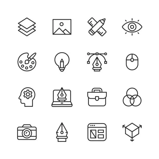 Vector illustration of Graphic Design and Creativity Line Icons. Editable Stroke. Pixel Perfect. For Mobile and Web. Contains such icons as Graphic Design, Art Tools, Image, Image Layer, Pen, Computer Mouse, Creativity, Colour Palette, Layout, Photography.
