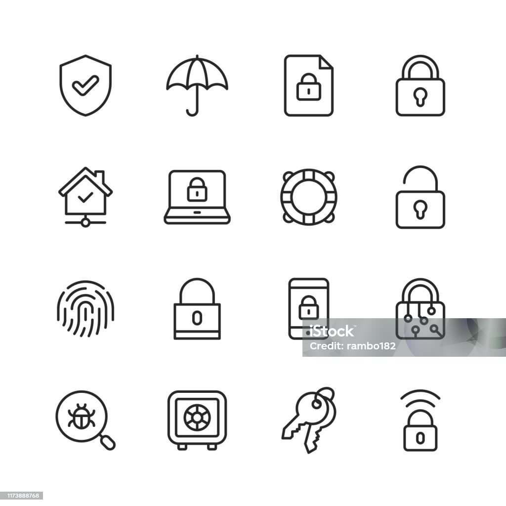 Security Line Icons. Editable Stroke. Pixel Perfect. For Mobile and Web. Contains such icons as Security, Shield, Insurance, Padlock, Computer Network, Support, Keys, Safe, Bug, Cybersecurity. 16 Security Outline Icons. Icon stock vector