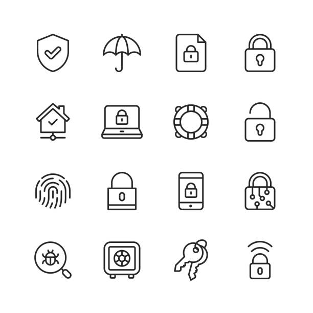 Security Line Icons. Editable Stroke. Pixel Perfect. For Mobile and Web. Contains such icons as Security, Shield, Insurance, Padlock, Computer Network, Support, Keys, Safe, Bug, Cybersecurity. 16 Security Outline Icons. encryption stock illustrations
