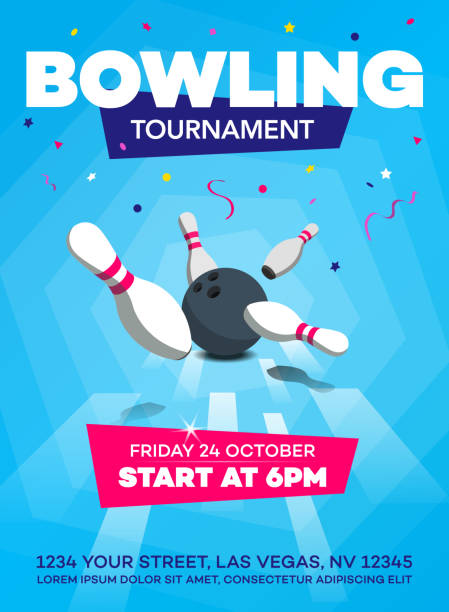 Modern bowling tournament poster invitation template - blue version Modern bowling tournament poster invitation template with scattered skittles and bowling ball - blue version. sporting level stock illustrations