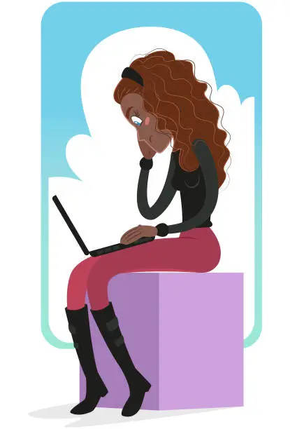 Vector illustration of Black girl studying at the notebook