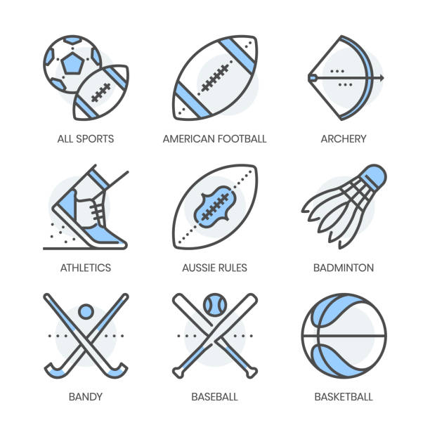 ilustraciones, imágenes clip art, dibujos animados e iconos de stock de deportes relacionados, conjunto de iconos de color de línea cuadrada - shoe bow baseball sport
