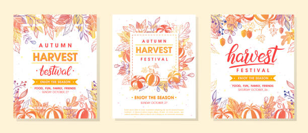 ilustraciones, imágenes clip art, dibujos animados e iconos de stock de banderas del festival de la cosecha de otoño con símbolos de cosecha, hojas y elementos florales en colores de otoño - cosechar ilustraciones