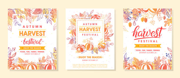 ilustrações de stock, clip art, desenhos animados e ícones de autumn harvest festival banners with harvest symbols, leaves and floral elements in fall colors - agricultural fair illustrations