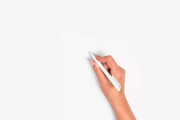 istock Female hands hold a pen. Isolated on white background. copy space, template. 1173905527