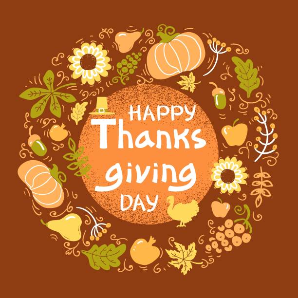 istock Happy Thanksgiving day color card. Vector Beautiful handwritten Illustration Autumn round frame with text 1173908221