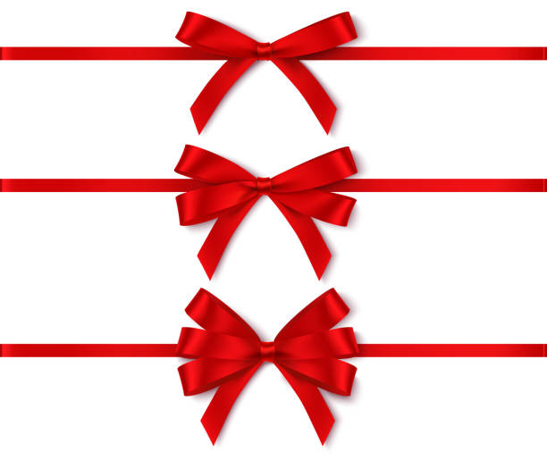 白に隔離された休日のデザインのための水平リボンと異なる赤い弓のセット。 - 薄い 細い点のイラスト素材／クリップアート素材／マンガ素材／アイコン素材