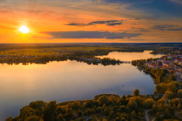 Sunset over Elk Lake aerial v2