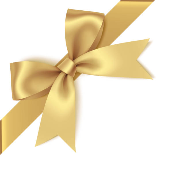 角に斜めのリボンが付いている装  飾的な金色の弓。ページの装飾のためのベクトル弓 - 絹 イラスト点のイラスト素材／クリップアート素材／マンガ素材／アイコン素材