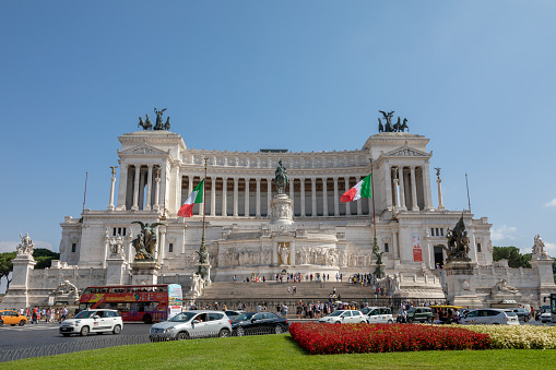 Rome, Italy - July 3, 2018: : Panoramic front view of museum the Vittorio Emanuele II Monument also known as the Vittoriano or Altare della Patria at Piazza Venezia in Rome. Summer day and blue sky