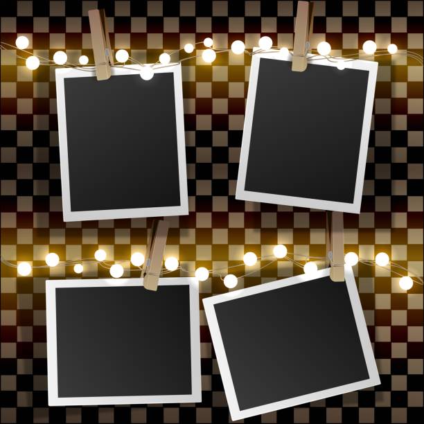 istock Set of square vector photo frames on binders and yellow light garlands. Template photo design.Isolated on transparent background 1173913728
