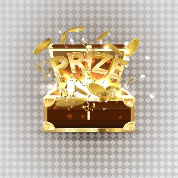 Vector illustration of Gold text prize from a chest of coins and confetti. Vector.