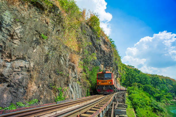 第二次世界大戦の歴史的な鉄道は、クワイノイ川の美しい景色を撮影する列車の観光客の多くと死の鉄道として知られています。 - kanchanaburi province train thailand diesel ストックフォトと画像