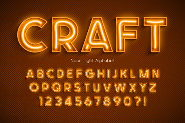 неоновый свет 3d алфавита, дополнительный светящийся шрифт. - yellow box stock illustrations