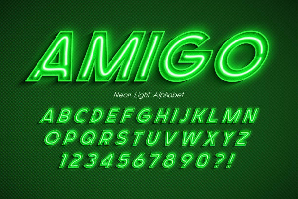 неоновый свет 3d алфавита, дополнительный светящийся шрифт. - letter text messaging decoration green stock illustrations
