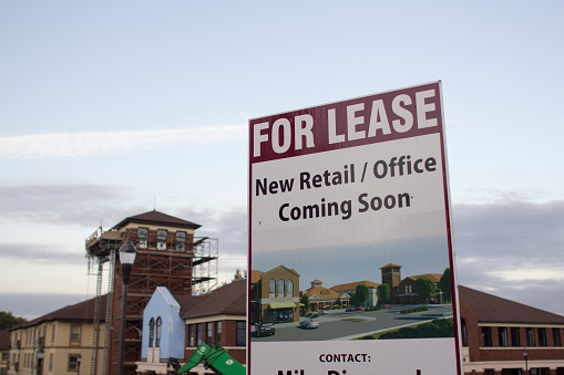 Lake Oswego, Oregon - Aug 30, 2019: FOR LEASE sign at a construction site in Lake Oswego, Oregon. Rents in Portland metro area are growing faster despite the booming new constructions in recent years.