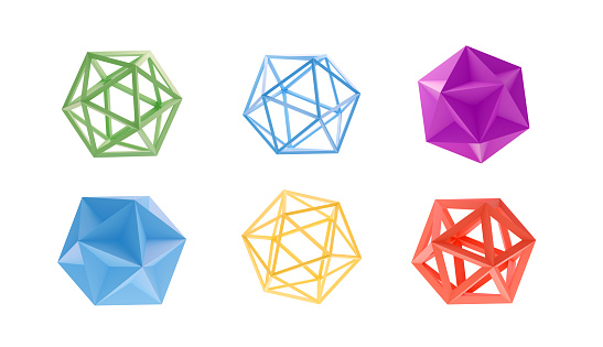 Dodecahedron decorative object shapes rotated from different angles isolated on white background with clipping path