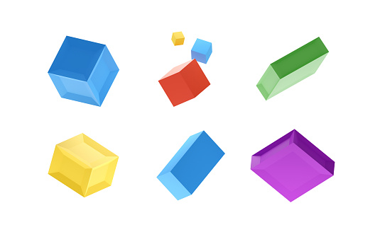 Cube and box toys rotated from different angles isolated on white background with clipping path