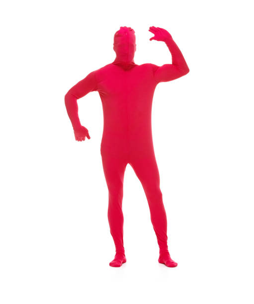 volle länge / nur ein mann / frontansicht / blick auf die kamera von 30-39 jahre alt erwachsene hübsche menschen männlich / junge männer stehen vor weißem hintergrund tragen body / zentai body, der bizarr ist / humor und winken / gruß / silhouette - attractive male men humor looking at camera stock-fotos und bilder