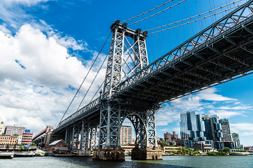 View of the Williamsburg Bridge seen from East River in New York City, USA