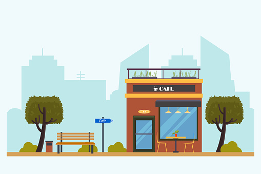 Outdoor Cafe on city background. Street Cafe with urban landscape. Coffeeshop with table and chairs. Flat design concept.