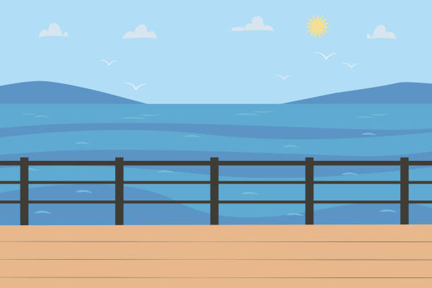 ilustrações, clipart, desenhos animados e ícones de paisagem do mar no tempo ensolarado. fundo horizontal com vista cénico do seascape, cais ou beira-mar, céu - ocean scenic illustrations