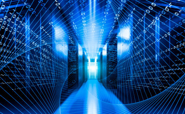 High speed with binary code numbers on motion blurred path or track in server data center, speed and faster digital matrix technology information concept. stock photo