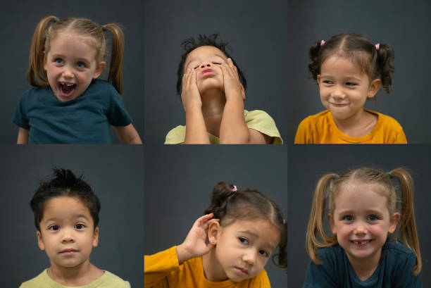 感情の範囲を示す子供のモンタージュ - 6 series ストックフォトと画像