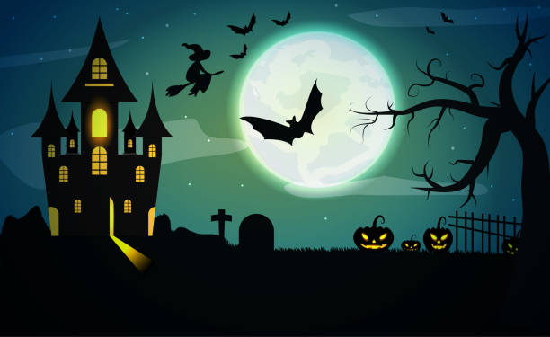 ilustrações, clipart, desenhos animados e ícones de fundo do poster de halloween. paisagem nevoenta com com bastões, lua grande, abóboras, árvores e castelo escuro. molde do ilustrador do vetor - halloween castle cartoon backgrounds