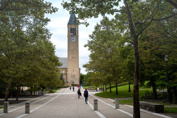 코넬 대학교 캠퍼스에서 걷는 학생들 - clock clock tower built structure brick 뉴스 사진 이미지