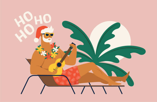 ilustrações de stock, clip art, desenhos animados e ícones de summer holiday vacation with santa claus. flat vector illustration. - warm up beach