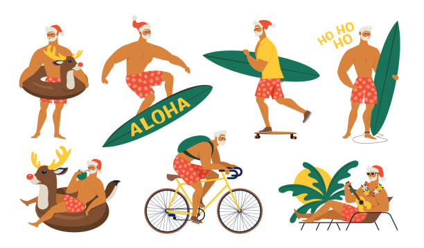 ilustrações, clipart, desenhos animados e ícones de verão papai noel nos shorts no jogo do vetor da praia. personagem de banda desenhada bonito para o projeto do natal isolado no fundo. - beach sunlight surfboard santa claus