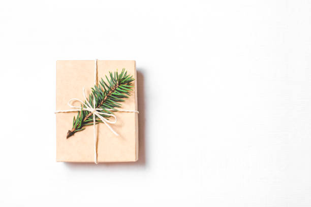 istock Christmas gift with fir branch on white background. 1173937222