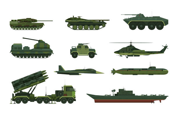 illustrations, cliparts, dessins animés et icônes de ensemble de véhicule de guerre ou militaire isolé, navire - howitzer
