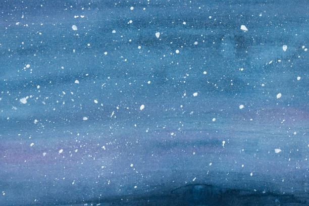 Watercolor drawing of winter sky landscape with falling snow, flecks and dots. Handdrawn water color graphic painting on paper. Beautiful backdrop for design, greeting card, banner, wallpaper, poster. Hand drawn watercolor illustration. dark blue night stock illustrations