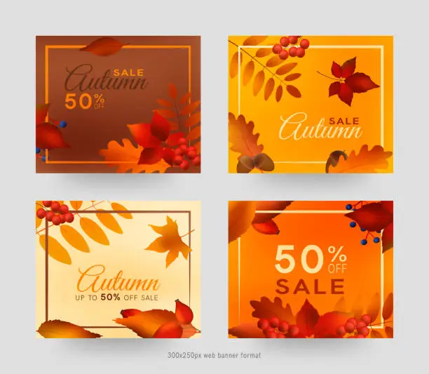 Vector illustration of Colorful autumn leaves and berries, sale banner set with frame, autumn forest webb banner templates, 300x250px