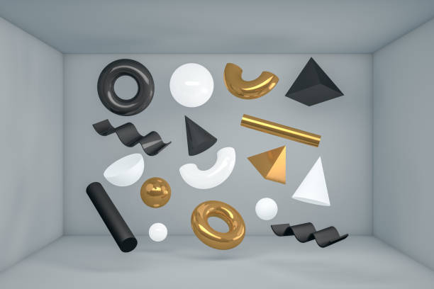 istock 3D Abstract Flying Geometric Shapes in Gray Room 1173963956