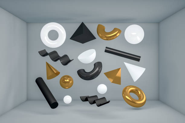 istock 3D Abstract Flying Geometric Shapes in Gray Room 1173964114