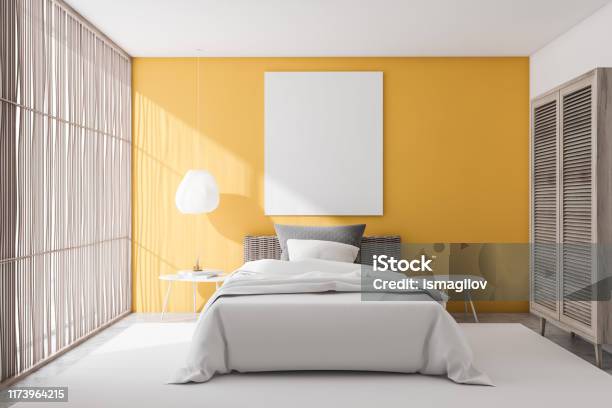 Yellow Bedroom Interior With Poster Stock Photo - Download Image Now - Apartment, Banner - Sign, Bed - Furniture