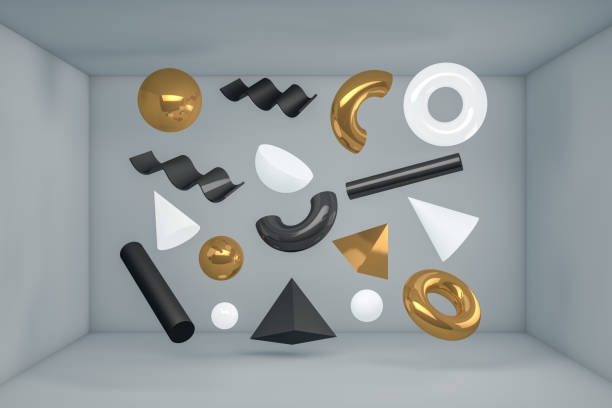 istock 3D Abstract Flying Geometric Shapes in Gray Room 1173964285