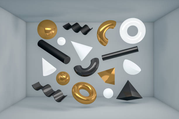istock 3D Abstract Flying Geometric Shapes in Gray Room 1173964405