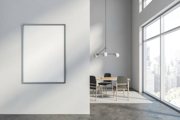 istock White dining room interior with blank poster 1173964495