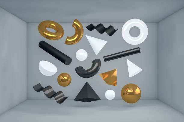 istock 3D Abstract Flying Geometric Shapes in Gray Room 1173964568