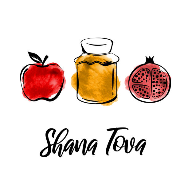 ilustraciones, imágenes clip art, dibujos animados e iconos de stock de tarjeta de felicitación de rosh hashanah. shana tova, fiesta judía de año nuevo. tarro de miel de acuarela, manzana y granada. vector - shana tova
