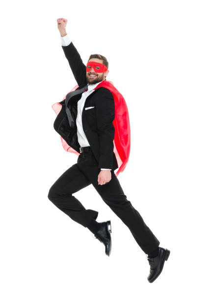 istock Full length / one man only / side view / profile view / looking at camera / front view of 20-29 years old adult handsome people / tall person brown hair / short hair caucasian male / young men jumping / flying in front of white background 1173965466