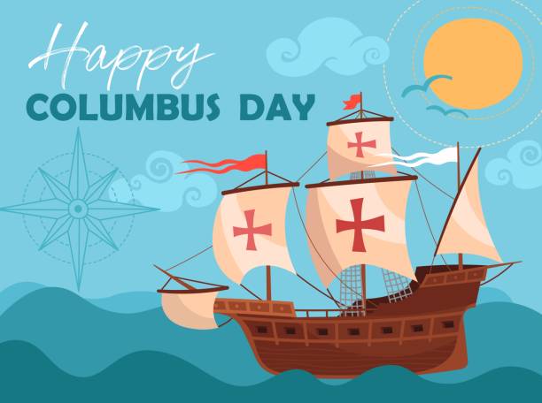Happy Columbus Day greeting card or poster design showing a historic wooden schooner sailing the ocean Happy Columbus Day greeting card or poster design showing a historic wooden schooner sailing the ocean. Vector Illustration. columbus day stock illustrations